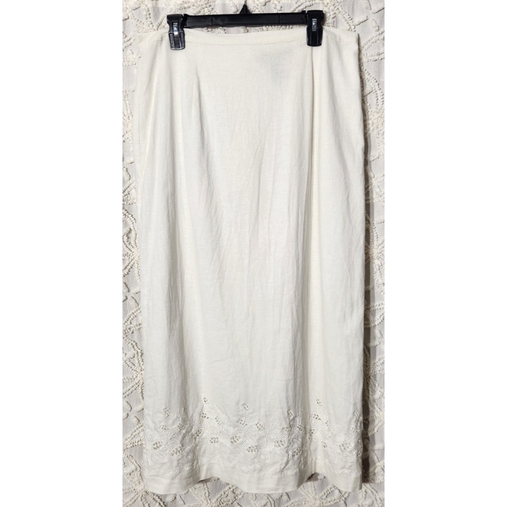 Vintage Meryl Diamond Womens Linen Maxi Skirt Size 16 White 90s Eyelet Hem Beach